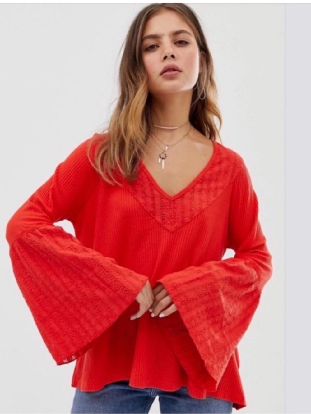 Free People Bright Red V-Neck Bell-Sleeve Tunic